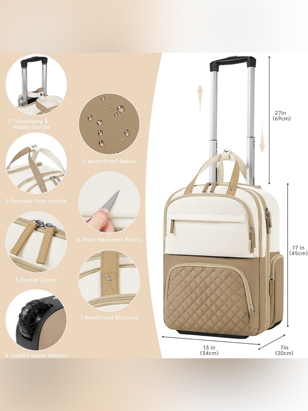 Rolling Quilted Beige & Cream Travel Bag + Three Packing/Toiletry Bags